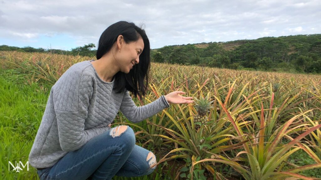 Beatrice woman dressed in a grey cardigan and a pair of denim jeans crouching down to enjoy some pineapple on a visit at a local farm in Chamarel. 