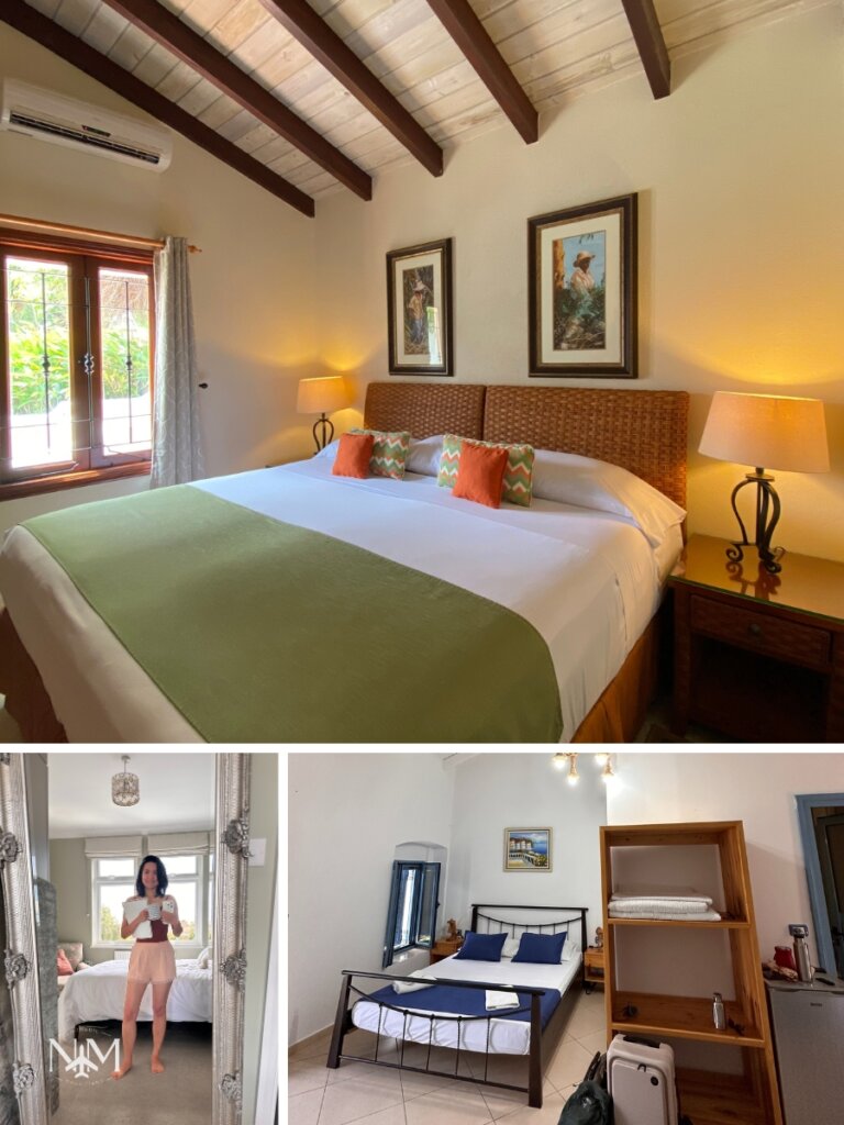 A collage of three images: the first shows a hotel bedroom with tropical decor, the second is a photo of a mirror reflection selfie in a guest bedroom, and the third is a photo of the guesthouse bedroom
