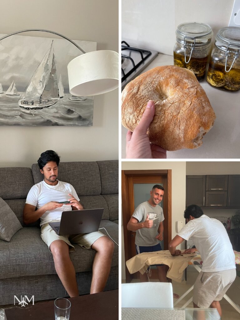 A collage of three images: the first with Sean on the couch with his laptop, the second is a ftira traditional Maltese bread and some goat cheeselets pickled in glass jars, the third image is of Sean with his local host and they are ironing a shirt