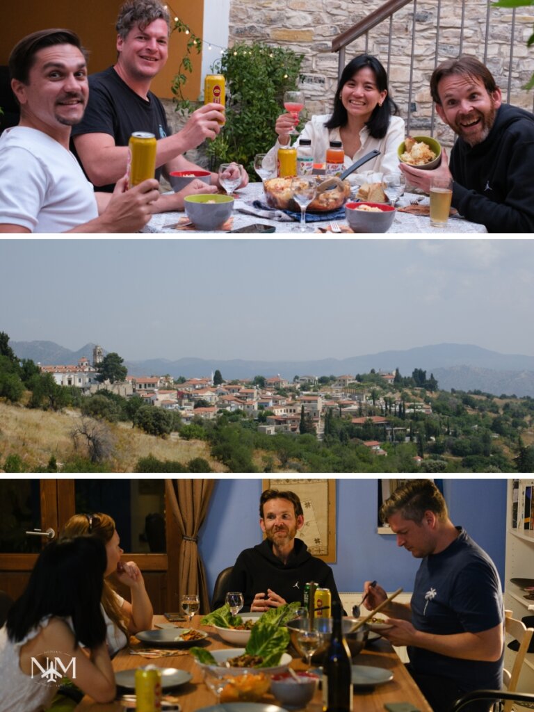 A trio of landscape images: the first is a group of people at the coliving community doing cheers over a dining table, the second is of Pano Lefkara mountain village, the third is a candid shot of dining as a group